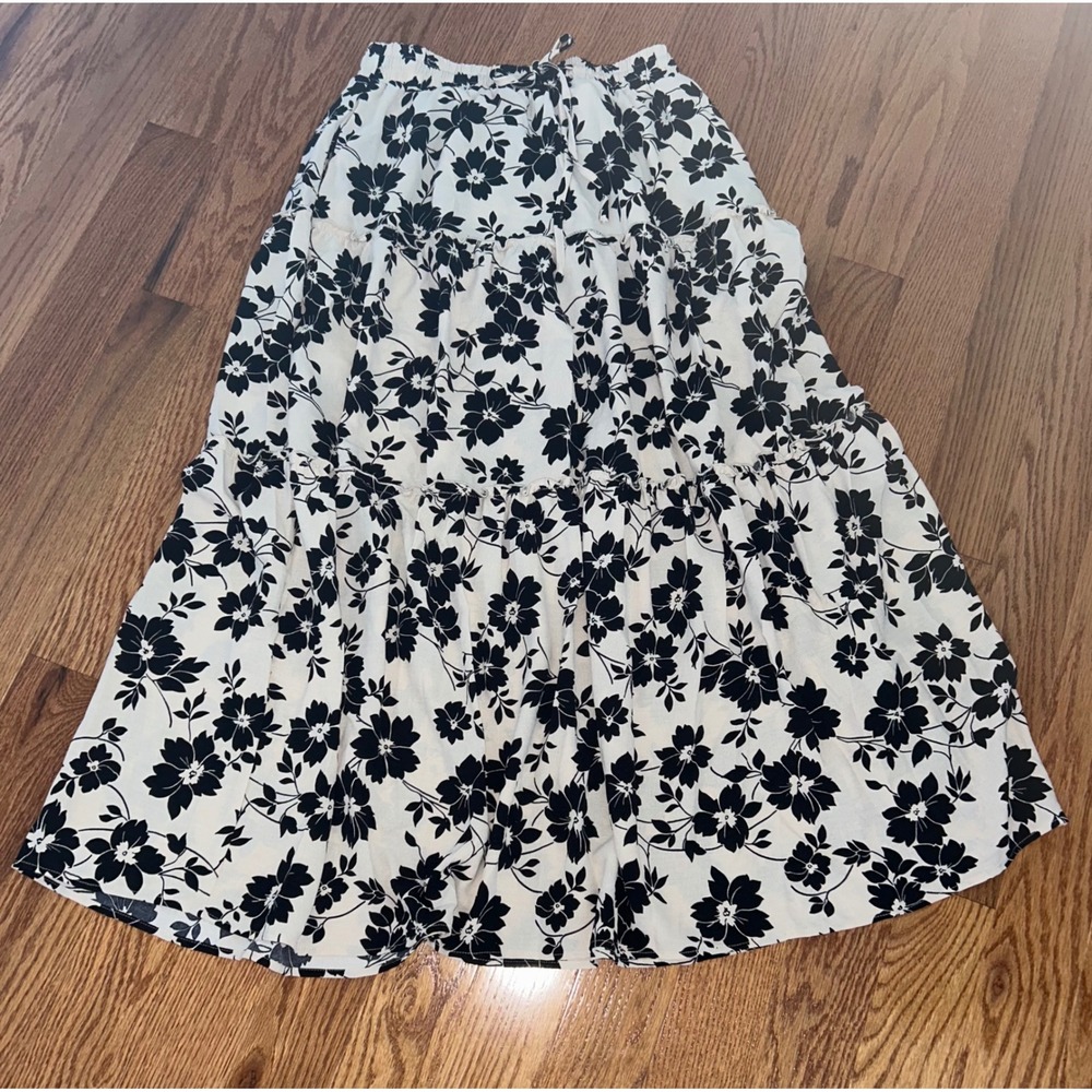 Lepunuo Floral Tiered Maxi Skirt Cream Black Elastic Waist Boho Long Skirt Large